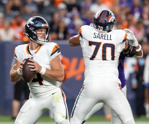 August 28, 2026, Denver, Colorado, USA: Broncos QB SAM EHLINGER readies to throw a pass to a team mate during the 2nd. Half at Empower Field at Mile High Friday evening. Broncos beat the Vikings 34-6 in Pre-Season play. Credit Image: ZUMA Press Wire) Denver USA - ZUMAav4_ 20260828_zaf_av4_013 Copyright: xHectorxAcevedox