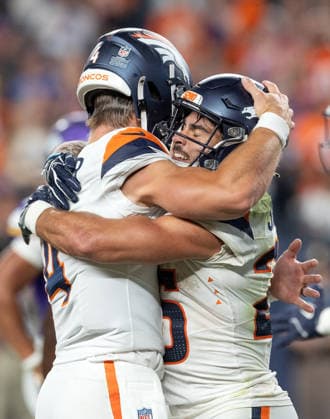 August 28, 2026, Denver, Colorado, USA: Broncos QB SAM EHLINGER celebrates with team mate RB CODY SCHRADER after he catches EHLINGERÃ¢â‚¬â ¢S 2nd. TD pass of the game in the end zone during the 2nd. Half at Empower Field at Mile High Friday evening. Broncos beat the Vikings 34-6 in Pre-Season play. Credit Image: ZUMA Press Wire) Denver USA - ZUMAav4_ 20260828_zaf_av4_019 Copyright: xHectorxAcevedox