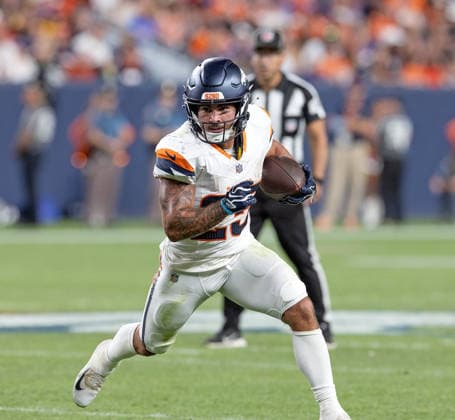 August 28, 2026, Denver, Colorado, USA: Broncos RB CODY SCHRADER runs for big yards towards the sidelines during the 1st. Half at Empower Field at Mile High Friday evening. Broncos beat the Vikings 34-6 in Pre-Season play. Credit Image: ZUMA Press Wire) Denver USA - ZUMAav4_ 20260828_zaf_av4_021 Copyright: xHectorxAcevedox