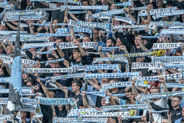 Chemnitz, Germany, August 28, 2026, Northeast Regional League 2026–2027, Match 7: Chemnitzer FC vs. FC Carl Zeiss Jena. Pictured: Fans in the Chemnitz South Stand (Südkurve). Copyright: xFotostandx xNachtigallx