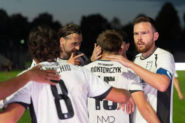 August 28, 2026, xhfmx, Regional League Southwest Soccer, SG Barockstadt Fulda Lehnerz vs. FSV Frankfurt, l Giorgio Del Vecchio (FSV Frankfurt), Lukas Gottwalt (FSV Frankfurt), Nick Doktorczyk (FSV Frankfurt), and Tim Weißmann (FSV Frankfurt) celebrate the 1–2 goal against Fulda—goal, celebration, Fulda