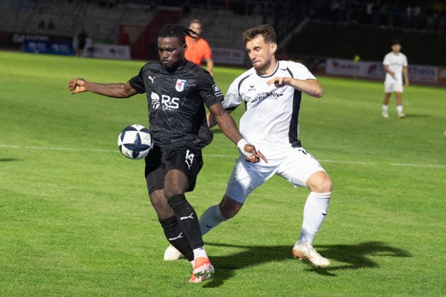 August 28, 2026, xhfmx, Regional League Southwest, SG Barockstadt Fulda Lehnerz vs. FSV Frankfurt; Hans Nunoo Sarpei (SG Barockstadt Fulda Lehnerz), Amar Suljic (FSV Frankfurt), Fulda