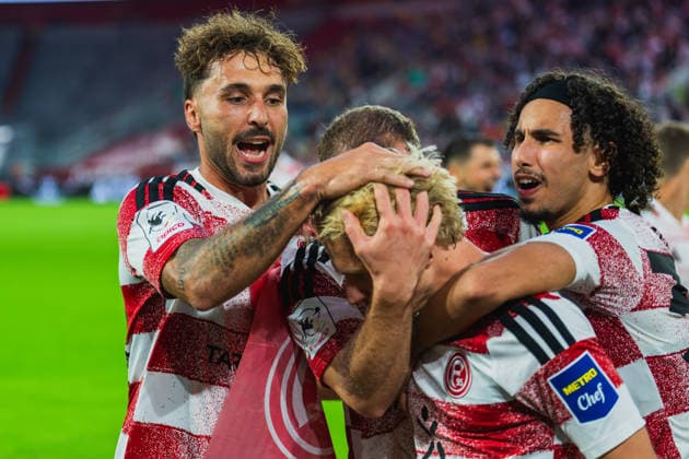 Fabian Schleusener (Fortuna Düsseldorf), 24; Eric Hottmann (Fortuna Düsseldorf), 09; and Anas Slimani (Fortuna Düsseldorf), 34 celebrate goal scorer Andreas Mueller (Fortuna Düsseldorf), 06 Fortuna Düsseldorf vs. VFB Stuttgart II, soccer, 3. Liga, Matchday 03, 2026–27 season, August 28, 2026, DFL REGULATIONS PROHIBIT ANY USE OF PHOTOGRAPHS AS IMAGE SEQUENCES AND OR QUASI-VIDEO, Fortuna Düsseldorf vs. VFB Stuttgart II, soccer, 3. Liga, Matchday 3, 2026–27 season, August 28, 2026, Düsseldorf Copyright: xEibner-Pressefoto LukasxBaldygax EP_LBA