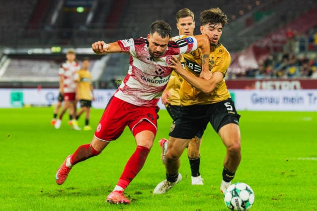 Fierce tackle by Yassine Bouchama of Fortuna Düsseldorf, 05, and Mirza Catovic of VFB Stuttgart II, 05—elbow to the face—Fortuna Düsseldorf vs. VFB Stuttgart II, soccer, 3rd Division, Matchday 03, 2026–27 season, August 28, 2026, DFL regulations prohibit any use of photographs as image sequences and or quasi-video. Fortuna Düsseldorf vs. VFB Stuttgart II, soccer, 3. Liga, Matchday 3, 2026–27 season, August 28, 2026, Düsseldorf Copyright: xEibner-Pressefoto LukasxBaldygax EP_LBA