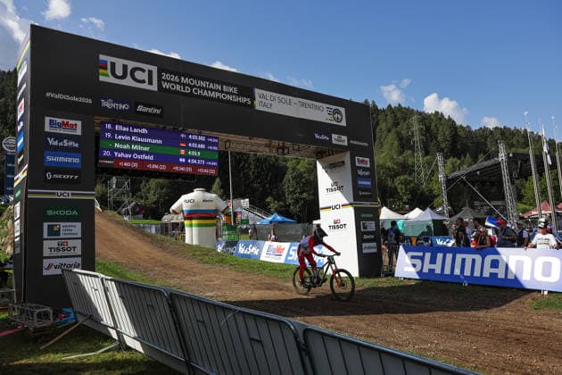 2026 UCI Mountain Bike World Championships Picture by Alex Whitehead SWpix.com - 29 08 2026 - Cycling - 2026 UCI Mountain Bike World Championships - Val di Sole, Trentino, Italy - Downhill (DHI) Final - Men Junior - Noah Milner (Canada), Finish Gantry Copyright: x xSWpix.comx(t axPhotographyxHubxLtd)xAlexxWhitehead SWpix.comx SWP-3030-20898