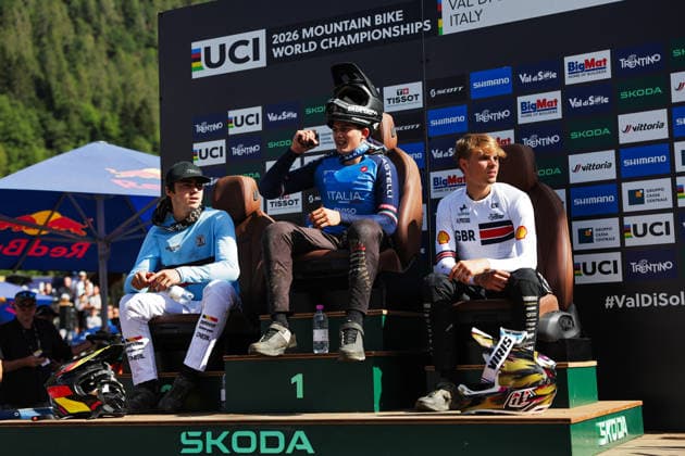 2026 UCI Mountain Bike World Championships Picture by Alex Whitehead SWpix.com - 29 08 2026 - Cycling - 2026 UCI Mountain Bike World Championships - Val di Sole, Trentino, Italy - Downhill (DHI) Final - Men Junior - Filippo Gilardino (Italy), Briek Van Duyse (Belgium), Sebastian Sumner (Great Britain), Skoda Hot Seat Copyright: x xSWpix.comx(t axPhotographyxHubxLtd)xAlexxWhitehead SWpix.comx SWP-3030-20911