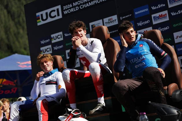 2026 UCI Mountain Bike World Championships Picture by Alex Whitehead SWpix.com - 29 08 2026 - Cycling - 2026 UCI Mountain Bike World Championships - Val di Sole, Trentino, Italy - Downhill (DHI) Final - Men Junior - Raoul Schneeberger (Switzerland), Felix Griffiths (Great Britain), Filippo Gilardino (Italy), Skoda Hot Seat Copyright: x xSWpix.comx(t axPhotographyxHubxLtd)xAlexxWhitehead SWpix.comx SWP-3030-20920