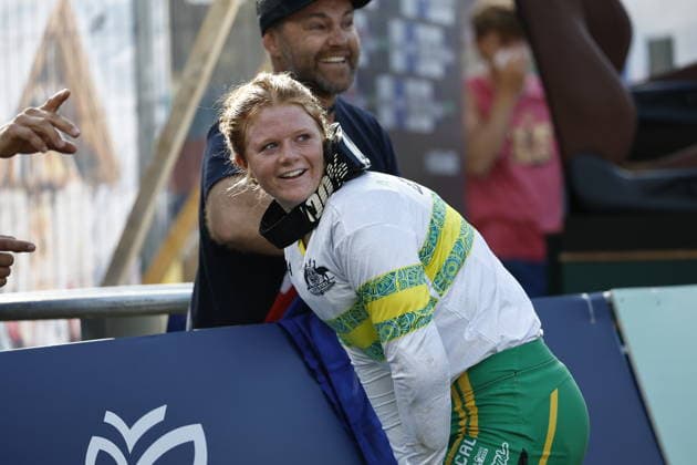 August 29, 2026, Daolasa di Commezzadura, Black Snake, 2026 UCI MTB World Championships Women s Junior Finals, DHI Downhill: Tilly Boadle (20, AUS) celebrating her victory at Daolasa di Commezzadura, Black Snake, Trento, Italy Copyright: xJustPictures.ch FrancescoxMinghettix jp-en-FrMi-_NG_0482