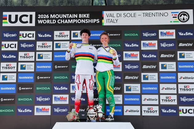 2026 UCI Mountain Bike World Championships Picture by Alex Whitehead SWpix.com - 29 08 2026 - Cycling - 2026 UCI Mountain Bike World Championships - Val di Sole, Trentino, Italy - Downhill (DHI) Final - Men + Women Junior Podium - Raoul Schneeberger (Switzerland) wins the Gold Medal to become World Champion, Tilly Boadle (Australia) wins the Gold Medal to become World Champion Copyright: x xSWpix.comx(t axPhotographyxHubxLtd)xAlexxWhitehead SWpix.comx SWP-3030-20980