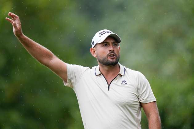 SUTTON COLDFIELD, ENGLAND - AUG 29: Alexander Levy (FRA) gestures as he plays from the third tee during delayed play in Round 2 at the 2026 Husqvarna British Masters at The Belfry, Sutton Coalfield on August 29, 2026 in Warwickshire, England The 2026 Husqvarna British Masters