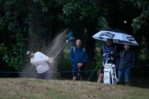 SUTTON COLDFIELD, ENGLAND - AUG 29: Joel Girrbach (SUI) plays from a bunker on the fourth fairway during delayed play in Round 2 at the 2026 Husqvarna British Masters at The Belfry, Sutton Coalfield on August 29, 2026 in Warwickshire, England The 2026 Husqvarna British Masters