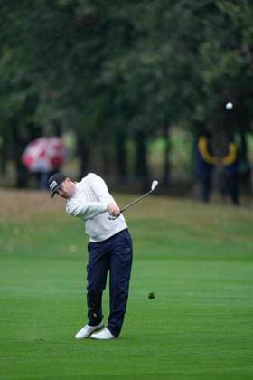 SUTTON COLDFIELD, ENGLAND - AUG 29: Joel Girrbach (SUI) plays from the fourth fairway during delayed play in Round 2 at the 2026 Husqvarna British Masters at The Belfry, Sutton Coalfield on August 29, 2026 in Warwickshire, England The 2026 Husqvarna British Masters