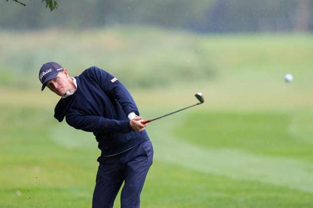 SUTTON COLDFIELD, ENGLAND - AUG 29: Marcus Kinhult (SWE) plays from the rough on fifth hole during delayed play in Round 2 at the 2026 Husqvarna British Masters at The Belfry, Sutton Coalfield on August 29, 2026 in Warwickshire, England The 2026 Husqvarna British Masters