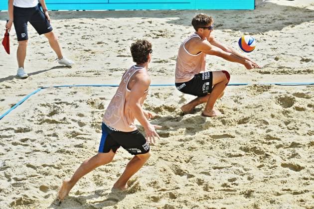 From left, David Vyoral and Simon Tuma from Czech Republic in action during the World Beach volleyball, Beachvolleyball Pro Tour, category Futures, on August 29, 2026, in Brno, Czech Republic. (CTKxPhoto PatrikxUhlir) CTKPhotoP2026082903121  CTKPhotoP2026082903121