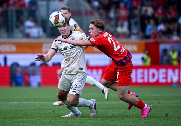 29.08.2026, xemx, Fussball 2.Bundesliga, 1.FC Heidenheim - Dynamo Dresden v.l. Friedrich Mueller (Dynamo Dresden), Michael Heule (1.FC Heidenheim) Zweikampf, Aktion, action, battle for the ball (DFL DFB REGULATIONS PROHIBIT ANY USE OF PHOTOGRAPHS as IMAGE SEQUENCES and or QUASI-VIDEO) Heidenheim *** August 29, 2026, xemx, Soccer, 2. Bundesliga, 1. FC Heidenheim vs. Dynamo Dresden, by Friedrich Mueller, Dynamo Dresden, Michael Heule, 1 FC Heidenheim, tackle, action, battle for the ball. DFL and DFB regulations prohibit any use of photographs as image sequences and or quasi-video. Heidenheim