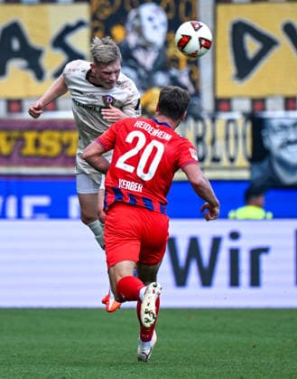 29.08.2026, xemx, Fussball 2.Bundesliga, 1.FC Heidenheim - Dynamo Dresden v.l. Jonas Sterner (Dynamo Dresden), Luca Kerber (1.FC Heidenheim) Zweikampf, Aktion, action, battle for the ball (DFL DFB REGULATIONS PROHIBIT ANY USE OF PHOTOGRAPHS as IMAGE SEQUENCES and or QUASI-VIDEO) Heidenheim *** August 29, 2026, xemx, Soccer 2. Bundesliga, 1. FC Heidenheim vs. Dynamo Dresden, l Jonas Sterner, Dynamo Dresden, Luca Kerber, 1 FC Heidenheim, tackle, action, battle for the ball. DFL and DFB regulations prohibit any use of photographs as image sequences and or quasi-video. Heidenheim