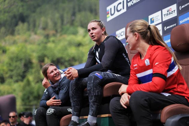 2026 UCI Mountain Bike World Championships Picture by Alex Whitehead SWpix.com - 29 08 2026 - Cycling - 2026 UCI Mountain Bike World Championships - Val di Sole, Trentino, Italy - Downhill (DHI) Final - Women Elite - Eliana Hulsebosch (New Zealand), Kate Hastings (New Zealand), Frida Helena Ronning (Norway) Copyright: x xSWpix.comx(t axPhotographyxHubxLtd)xAlexxWhitehead SWpix.comx SWP-3030-21010
