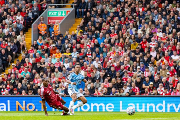 Football - FA Premier League - Liverpool FC v Nottingham Forest FC LIVERPOOL, ENGLAND - Saturday, August 29, 2026: Nottingham Forest s Dan Ndoye scores the first goal during the FA Premier League match between Liverpool FC and Nottingham Forest FC at Anfield. (Photo by David Rawcliffe Propaganda) LIVERPOOL Anfield MERSEYSIDE ENGLAND  Copyright: xDavidxRawcliffex P2026-08-29-Liverpool_Nottingham_Forest-31