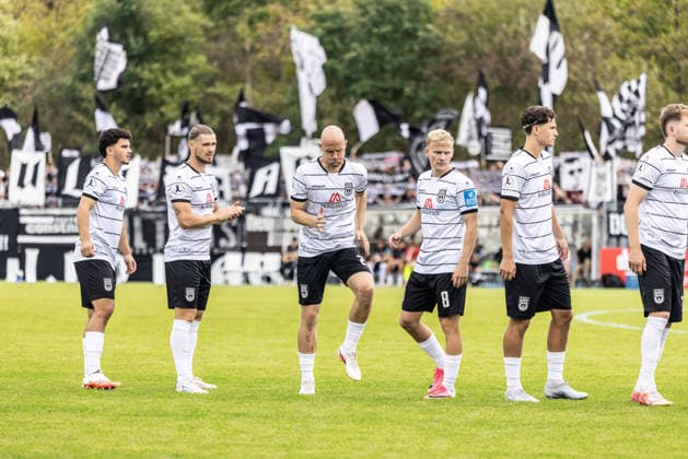 FC Astoria Walldorf vs. SSV Ulm 1846 Soccer, Regionalliga, Matchday 4, Dietmar Hopp Sportpark Walldorf, August 29, 2026. Players entering the field (from left): Alexandre Azevedo, SSV Ulm 1846 Soccer, 03, Dennis Chessa SSV Ulm 1846 Soccer, 11, Marcel Seegert SSV Ulm 1846 Soccer, 25, Per Lockl SSV Ulm 1846 Soccer, 08, Karl Kempf SSV Ulm 1846 Soccer, 14 FC Astoria Walldorf vs. SSV Ulm 1846 Soccer, Soccer, Regional League, Matchday 4, Dietmar Hopp Sportpark, Walldorf, August 29, 2026. Photo by Lucca Fundel, Walldorf, Dietmar Hopp Sportpark, Baden-Württemberg, Germany