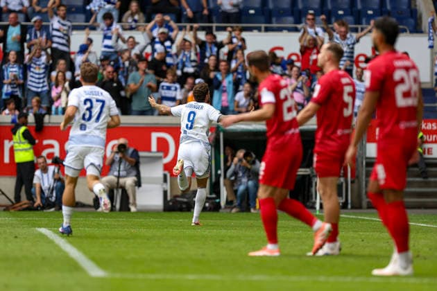 August 29, 2026, GER, Soccer, Men s, 3rd Division, 2026–2027 Season, MSV Duisburg vs. FC Würzburger Kickers, Lex Tyger Lobinger, Duisburg goal celebration, celebrating after scoring the 1–0 goal, Duisburg Schauinsland Arena, North Rhine-Westphalia, Germany Copyright: xAdrianxSchlüterx