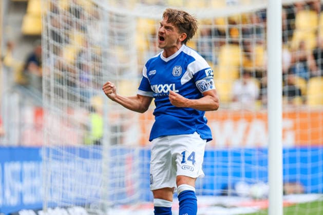 3 Bundesliga: Alemannia Aachen vs. SV Meppen, August 29, 2026. Thorben Deters of SV Meppen, No. 14, celebrates the 0-1 goal. Third League: Alemannia Aachen vs. SV Meppen, Matchday 3, August 29, 2026, Tivoli, Aachen. DFB regulations prohibit any use of photographs as image sequences and or quasi-video. Copyright: xBEAUTIFULxSPORTS Freisenx