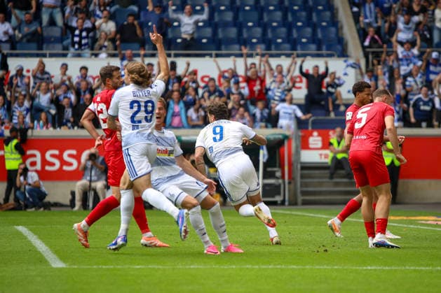 August 29, 2026, GER, Soccer, Men’s, 3rd Division, 2026–2027 Season, MSV Duisburg vs. FC Würzburger Kickers, Lex Tyger Lobinger, Duisburg goal celebration, celebrating after scoring the 1–0 goal for Duisburg, Schauinsland Arena, North Rhine-Westphalia, Germany Copyright: xAdrianxSchlüterx
