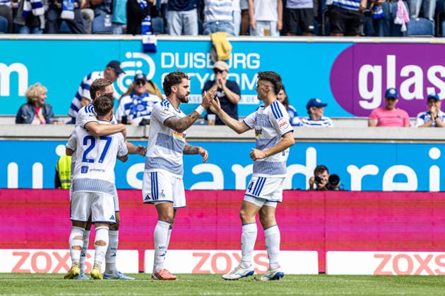 3rd Division, Matchday 3: MSV Duisburg vs. FC Würzburger Kickers, August 29, 2026. MSV Duisburg celebrates the goal, 2–0 by Lex Tyger Lobinger, MSV Duisburg, 9, 3rd League, Matchday 3: MSV Duisburg vs. FC Würzburger Kickers at Schauinsland Reisen Arena, Duisburg, August 29, 2026. DFB regulations prohibit any use of photographs as image sequences and or quasi-video. Copyright: xBEAUTIFULxSPORTS Buriakovx