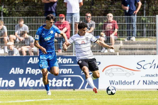 FC Astoria Walldorf vs. SSV Ulm 1846 Soccer, Regionalliga, Matchday 4, Dietmar Hopp Sportpark, Walldorf, August 29, 2026, Referee: Konrad Riehle, FC Astoria Walldorf, 14, Alexandre Azevedo, SSV Ulm 1846, Soccer, 03 FC Astoria Walldorf vs. SSV Ulm 1846 Soccer, Regional League, Matchday 4, Dietmar Hopp Sportpark Walldorf, August 29, 2026. Photo by Lucca Fundel, Walldorf, Dietmar Hopp Sportpark, Baden-Württemberg, Germany