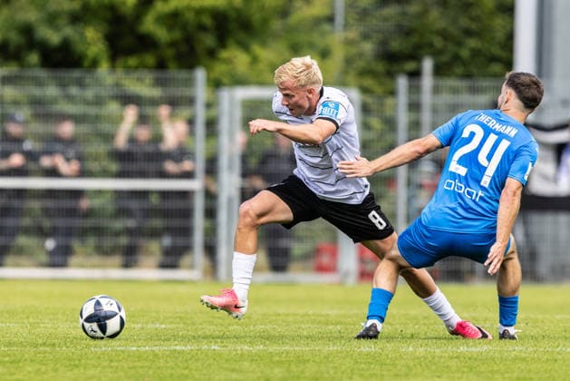 FC Astoria Walldorf vs. SSV Ulm 1846 Soccer, Regionalliga, Matchday 4, Dietmar Hopp Sportpark Walldorf, August 29, 2026, by Per Lockl, SSV Ulm 1846 Soccer, 08, Yannick Thermann, FC Astoria Walldorf, 24 FC Astoria Walldorf vs. SSV Ulm 1846 Soccer, Football, Regional League, Matchday 4, Dietmar Hopp Sportpark, Walldorf, August 29, 2026; Photo by Lucca Fundel, Walldorf, Dietmar Hopp Sportpark, Baden-Württemberg, Germany