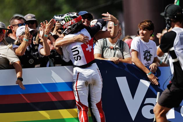 2026 UCI Mountain Bike World Championships Picture by Alex Whitehead SWpix.com - 29 08 2026 - Cycling - 2026 UCI Mountain Bike World Championships - Val di Sole, Trentino, Italy - Downhill (DHI) Final - Women Elite - Lisa Baumann (Switzerland) celebrates setting the fastest time Copyright: x xSWpix.comx(t axPhotographyxHubxLtd)xAlexxWhitehead SWpix.comx SWP-3030-21034