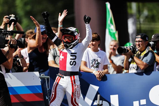 2026 UCI Mountain Bike World Championships Picture by Alex Whitehead SWpix.com - 29 08 2026 - Cycling - 2026 UCI Mountain Bike World Championships - Val di Sole, Trentino, Italy - Downhill (DHI) Final - Women Elite - Lisa Baumann (Switzerland) celebrates setting the fastest time Copyright: x xSWpix.comx(t axPhotographyxHubxLtd)xAlexxWhitehead SWpix.comx SWP-3030-21035