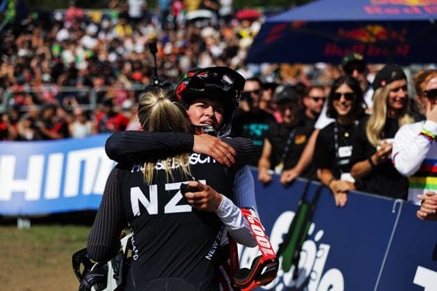 2026 UCI Mountain Bike World Championships Picture by Alex Whitehead SWpix.com - 29 08 2026 - Cycling - 2026 UCI Mountain Bike World Championships - Val di Sole, Trentino, Italy - Downhill (DHI) Final - Women Elite - Lisa Baumann (Switzerland) celebrates setting the fastest time Copyright: x xSWpix.comx(t axPhotographyxHubxLtd)xAlexxWhitehead SWpix.comx SWP-3030-21043