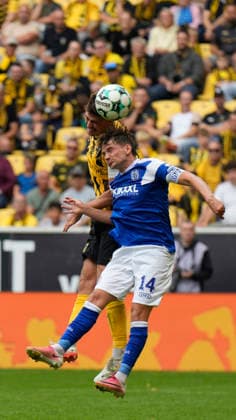 August 29, 2026, Tivoli, Aachen, GER, 3rd Division, Matchday 3: Alemannia Aachen vs. SV Meppen, header by Thorben Deters (SV Meppen) 14. DFL regulations prohibit any use of photographs as image sequences and or quasi-video. Aachen, North Rhine-Westphalia, Tivoli
