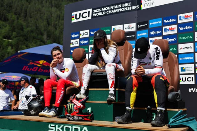 2026 UCI Mountain Bike World Championships Picture by Alex Whitehead SWpix.com - 29 08 2026 - Cycling - 2026 UCI Mountain Bike World Championships - Val di Sole, Trentino, Italy - Downhill (DHI) Final - Women Elite - Lisa Baumann (Switzerland), Harriet Harnden (Great Britain), Nina Hoffmann (Germany), Skoda Hot Seat Copyright: x xSWpix.comx(t axPhotographyxHubxLtd)xAlexxWhitehead SWpix.comx SWP-3030-21049