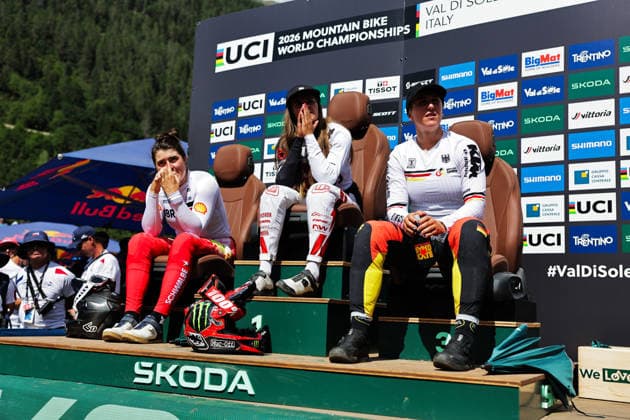 2026 UCI Mountain Bike World Championships Picture by Alex Whitehead SWpix.com - 29 08 2026 - Cycling - 2026 UCI Mountain Bike World Championships - Val di Sole, Trentino, Italy - Downhill (DHI) Final - Women Elite - Lisa Baumann (Switzerland), Harriet Harnden (Great Britain), Nina Hoffmann (Germany), Skoda Hot Seat Copyright: x xSWpix.comx(t axPhotographyxHubxLtd)xAlexxWhitehead SWpix.comx SWP-3030-21051