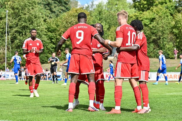 Bavarian Regional League: FV Illertissen vs. FC Bayern Munich II, August 29, 2026, ILLERTISSEN, GERMANY, August 29. Bayern fans celebrate after Bastian Friedrich scores the 0–1 goal. ASSOMO FC Bayern Munich II, 9th goal. Goal scorer celebrates happily during the Bavarian Regional League match between FV Illertissen and FC Bayern Munich’s amateur team on Matchday 6 at the Illertissen Stadium Copyright: xBEAUTIFULxSPORTS Goldbergx