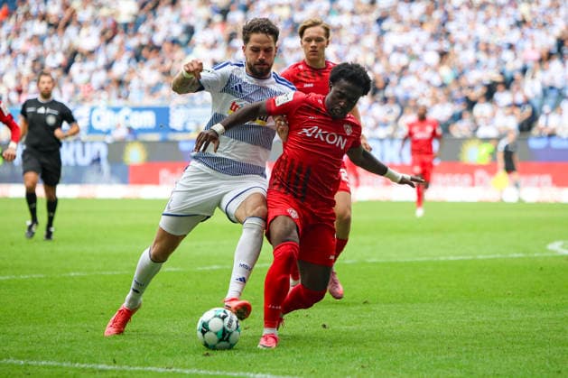 August 29, 2026, GER, Soccer, Men s, 3rd Division, 2026–2027 Season, MSV Duisburg vs. FC Würzburger Kickers, m9 and Pedro Muteba, Würzburg battling for the ball; Duisburg, Schauinsland, Arena, North Rhine-Westphalia, Germany Copyright: xAdrianxSchlüterx
