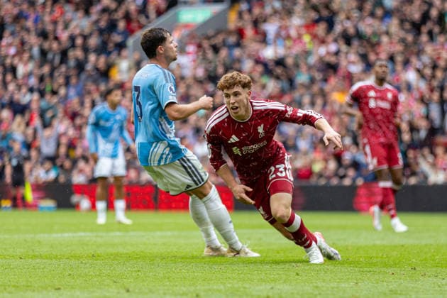 Football - FA Premier League - Liverpool FC v Nottingham Forest FC LIVERPOOL, ENGLAND - Saturday, August 29, 2026: Liverpool s Victor Munoz celebrates on his debut after scoring his side s second and equalising goal during the FA Premier League match between Liverpool FC and Nottingham Forest FC at Anfield. (Photo by David Rawcliffe Propaganda) LIVERPOOL Anfield MERSEYSIDE ENGLAND  Copyright: xDavidxRawcliffex P2026-08-29-Liverpool_Nottingham_Forest-104