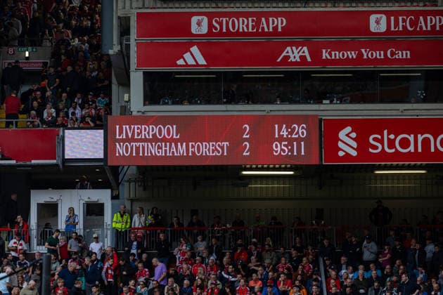 Football - FA Premier League - Liverpool FC v Nottingham Forest FC LIVERPOOL, ENGLAND - Saturday, August 29, 2026: Scoreboard at 90 minutes during the FA Premier League match between Liverpool FC and Nottingham Forest FC at Anfield. (Photo by David Rawcliffe Propaganda) LIVERPOOL Anfield MERSEYSIDE ENGLAND  Copyright: xDavidxRawcliffex P2026-08-29-Liverpool_Nottingham_Forest-129