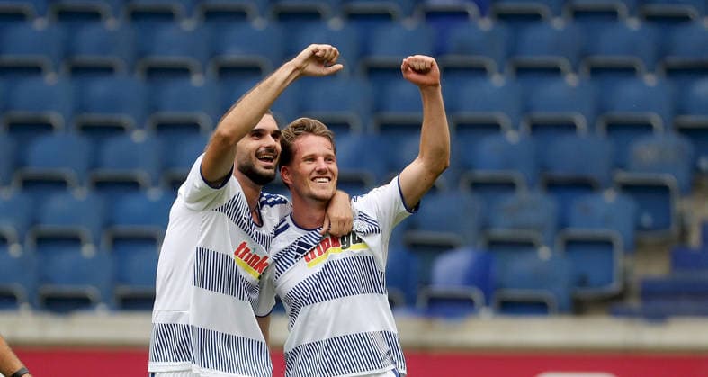 August 29, 2025, xfsx, Men s, Soccer, 2026–2027 Season, 3rd Division, Matchday 3: MSV Duisburg vs. Würzburger Kickers; from left: Rasim Bullic (MSV Duisburg), Christian Viet (MSV Duisburg) celebrating the goal; goal celebration, Celebrating the goal that made it 3–0 for Duisburg at the Schauinsland Reisen Arena in North Rhine-Westphalia, Germany