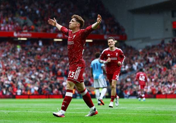 Victor Munoz of Liverpool celebrates scoring a goal to make it 2-2 Liverpool v Nottingham Forest, Premier League Football, Football, Anfield, Liverpool, UK - 29 Aug 2026Liverpool Anfield United Kingdom EDITORIAL USE ONLY No use with unauthorised audio, video, data, fixture lists, club league logos or live services. Online in-match use limited to 120 images, no video emulation. No use in betting, games or single club league player publications.  Copyright: xMattxWest Shutterstockx 17118964ad
