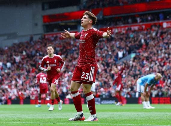 Victor Munoz of Liverpool celebrates scoring a goal to make it 2-2 Liverpool v Nottingham Forest, Premier League Football, Football, Anfield, Liverpool, UK - 29 Aug 2026Liverpool Anfield United Kingdom EDITORIAL USE ONLY No use with unauthorised audio, video, data, fixture lists, club league logos or live services. Online in-match use limited to 120 images, no video emulation. No use in betting, games or single club league player publications.  Copyright: xMattxWest Shutterstockx 17118964ag
