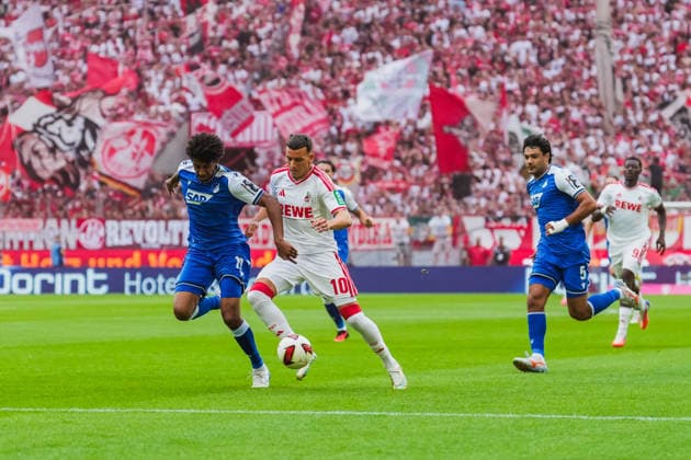 Zweikampf zwischen Bernardo (TSG Hoffenheim, 13) und Said El Mala (1.FC Koeln, 10), Ozan Kabak (TSG Hoffenheim, 05) 1.FC Köln vs. TSG Hoffenheim, Fussball, Bundesliga, 1.Spieltag, Saison 2026 27, 29.08.2026, DFL REGULATIONS PROHIBIT ANY USE OF PHOTOGRAPHS AS IMAGE SEQUENCES AND OR QUASI-VIDEO, 1.FC Köln vs. TSG Hoffenheim, Fussball, Bundesliga, 1.Spieltag, Saison 2026 27, 29.08.2026 Köln *** Tackle between Bernardo (TSG Hoffenheim, 13) and Said El Mala (1. FC Köln, 10), Ozan Kabak (TSG Hoffenheim, 05) – 1. FC Köln vs. TSG Hoffenheim, Soccer, Bundesliga, Matchday 1, 2026–27 season, August 29, 2026, DFL regulations prohibit any use of photographs as image sequences and or quasi-video, 1. FC Köln vs. TSG Hoffenheim, soccer, Bundesliga, Matchday 1, 2026–27 Season, August 29, 2026, Cologne Copyright: xEibner-Pressefoto LukasxBaldygax EP_LBA