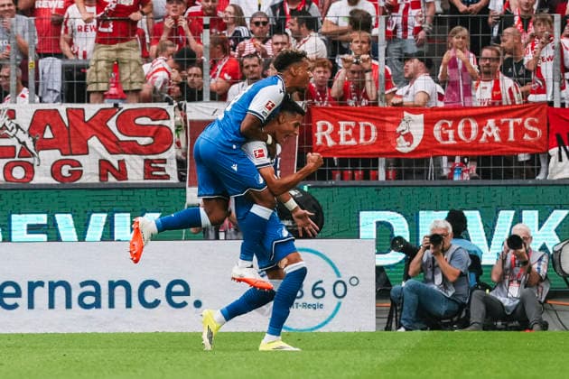 29.08.2026, xjmrgnx, Fussball 1.Bundesliga, 1.FC Koeln - TSG Hoffenheim v.l. Adam Daghim (14, Hoffenheim) bejubelt seinen Treffer zum 1:0 (DFL DFB REGULATIONS PROHIBIT ANY USE OF PHOTOGRAPHS as IMAGE SEQUENCES and or QUASI-VIDEO) Koeln *** August 29, 2026, xjmrgnx, Soccer, 1. Bundesliga, 1. FC Köln vs. TSG Hoffenheim, Adam Daghim 14, Hoffenheim celebrates its 1–0 goal. DFL and DFB regulations prohibit any use of photographs as image sequences and or quasi-video. Cologne