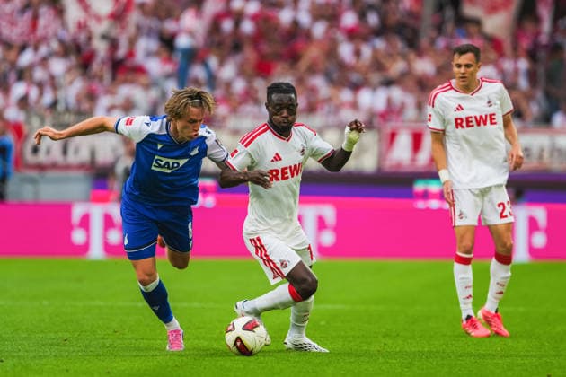 Patrick Wimmer (TSG Hoffenheim, 08) im Zweikampf mit Gideon Mensah (1.FC Koeln, 14) ,Paul Okon-Engstler (1.FC Koeln, 23) , 1.FC Köln vs. TSG Hoffenheim, Fussball, Bundesliga, 1.Spieltag, Saison 2026 27, 29.08.2026, DFL REGULATIONS PROHIBIT ANY USE OF PHOTOGRAPHS AS IMAGE SEQUENCES AND OR QUASI-VIDEO, 1.FC Köln vs. TSG Hoffenheim, Fussball, Bundesliga, 1.Spieltag, Saison 2026 27, 29.08.2026 Köln *** Patrick Wimmer (TSG Hoffenheim, 08) in a tackle with Gideon Mensah (1. FC Köln, 14), Paul Okon Engstler (1. FC Köln, 23), 1. FC Köln vs. TSG Hoffenheim, Soccer, Bundesliga, Matchday 1, 2026–27 season, August 29, 2026, DFL regulations prohibit any use of photographs as image sequences and or quasi-video; 1. FC Köln vs. TSG Hoffenheim, soccer, Bundesliga, Matchday 1, 2026–27 Season, August 29, 2026, Cologne Copyright: xEibner-Pressefoto LukasxBaldygax EP_LBA