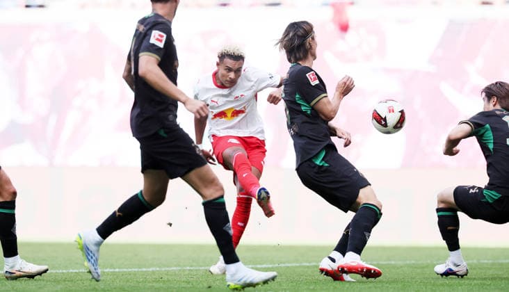 RB Leipzig - Moenchengladbach Bundesliga Leipzig, 29.08.2026, Red Bull Arena, Fußball, 1.Bundesliga, 1.Spieltag , RB Leipzig vs. Borussia Mönchengladbach, Im Bild: Tor für RB Leipzig. Antonio Nusa (7, RB Leipzig) trifft zum 2:0. , Nur zur redaktionellen Nutzung. Only editorial use. , DFL DFB regulations prohibit any use of photographs as image sequences and or quasi-video. , *** RB Leipzig vs. Mönchengladbach, Bundesliga, Leipzig, August 29, 2026, Red Bull Arena, soccer, Bundesliga 1, Matchday 1, RB Leipzig vs. Borussia Mönchengladbach, Pictured: Goal by RB Leipzig’s Antonio Nusa in the 7th minute; RB Leipzig scores to make it 2–0, For editorial use only, DFL and DFB regulations prohibit any use of photographs as image sequences and or quasi-video,