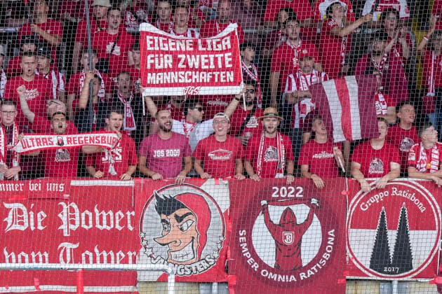 Fans of SSV Jahn Regensburg display a banner in the fan section with the slogan A separate league for second teams, fans, ultras, crowd, spectators, mood, atmosphere, stadium, protest against two teams in the 3. Liga, protest action, protesting, action, August 29, 2026, Sinsheim, Germany, soccer, 3. Liga, TSG 1899 Hoffenheim II vs. SSV Jahn Regensburg, DFB and DFL regulations prohibit any use of photographs as image sequences and or quasi-video xozx
