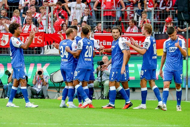 29.08.2026, xsscx, Fußball, 1. FC Köln - TSG Hoffenheim, 1. Fußball Bundesliga Herren, 1. Spieltag, RheinEnergie-STADION, Saison 2026 2027: Torjubel nach dem Tor zum 0:1 durch Torschuetze Adam Daghim (TSG Hoffenheim 14) von Vladimir Coufal (TSG Hoffenheim 34), Bambase Conte (TSG Hoffenheim 20), Vladimir Coufal (TSG Hoffenheim 34), Leon Avdullahu (TSG Hoffenheim 7), Wouter Burger (TSG Hoffenheim 18) DFB regulations prohibit any use of photographs as image sequences and or quasi-video. Photo: xSandraxScherningxPressefotoKochx Nordrhein-Westfalen Deutschland *** August 29, 2026, xsscx, Soccer, 1. FC Köln vs. TSG Hoffenheim, 1. Bundesliga Men, Matchday 1, RheinEnergie STADION, 2026–2027 Season: Goal celebration following the 0–1 goal scored by Adam Daghim (TSG Hoffenheim, No. 14) off an assist from Vladimir Coufal (TSG Hoffenheim, No. 34), Bambase Conte (TSG Hoffenheim, No. 20), and Vladimir Coufal (TSG Hoffenheim, No. 34), Leon Avdullahu (TSG Hoffenheim 7), Wouter Burger (TSG Hoffenheim 18). DFB regulations prohibit any use of photographs as image sequences and or quasi-video. Photo: Sandra Scherning, Pressefoto Koch, North Rhine-Westphalia, Germany