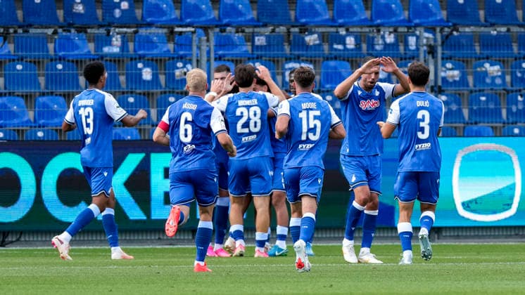 Players from TSG 1899 Hoffenheim II U23 celebrate the 1–0 goal, Celebration, goal celebration, goal scored, celebrate the goal, goal, celebration, celebrating the goal, joy, happiness, happy, optimistic, positive, game scene, highlight, action, 08 29 2026, Sinsheim, Germany, soccer, 3. Liga, TSG 1899 Hoffenheim II vs. SSV Jahn Regensburg, DFB and DFL regulations prohibit any use of photographs as image sequences and or quasi-video xozx