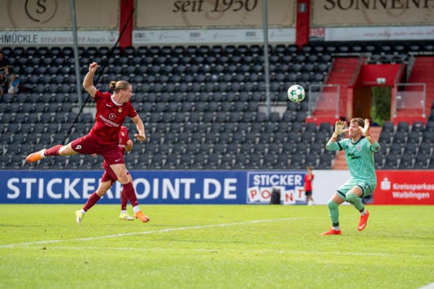 Scoring chance by Marlon Fass (SG Sonnenhof Großaspach) in the 9th minute, superbly saved by goalkeeper Vinko Sapina (FC Ingolstadt 04) in the 41st minute, SG Sonnenhof Großaspach vs. FC Ingolstadt 04, Soccer, 3rd Division, Matchday 3, August 29, 2026; DFB regulations prohibit any use of photographs as image sequences and or quasi-video. Aspach, Baden-Württemberg, Germany Copyright: xkolbert-press PhilipxZieglerx